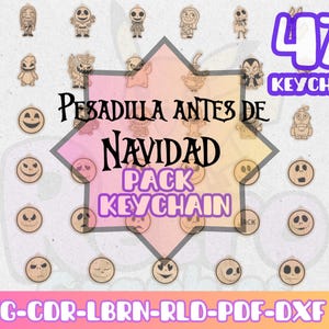Könnte beinhalten: Holz-Schlüsselanhänger mit Figuren und Gesichtern aus "The Nightmare Before Christmas". Das Bild enthält den Text "Pesadilla Antes de Navidad" und "Pack Keychain". Die Zahl "47" wird ebenfalls angezeigt, zusammen mit den Dateityp-Optionen.