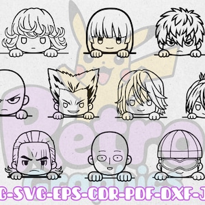 May include: A black and white line drawing featuring nine chibi anime characters, each with a distinct hairstyle and expression, peeking over a line. The image includes the text "PNG-SVG-EPS-CDR-PDF-DXF-JPG" at the bottom.