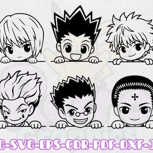 May include: A monochrome illustration featuring six anime-style characters, each with a unique hairstyle and expression, peeking over a line. The image includes the text "PNG-SVG-EPS-CDR-PDF-DXF-JPG".