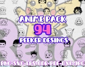 Pack digital 94 diseños peeker anime en blanco y negro para cricut, silhouette y laser – png svg dxf eps pdf ai – estampado corte y grabado