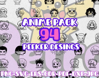 Digital pack of 94 black and white anime Peeker designs for Cricut, Silhouette and laser cutters – PNG SVG DXF EPS PDF AI – for printing, cutting and engraving