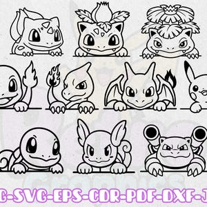 May include: Black and white line art of various cartoon characters, including Bulbasaur, Charmander, and Pikachu, peeking over a horizontal line. The image includes the text "PNG-SVG-EPS-CDR-PDF-DXF-JPG" in a purple font.