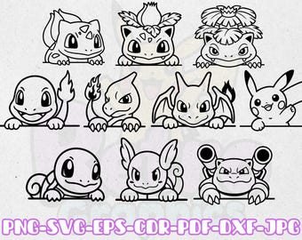 Pokemon Starters 10 Peekers + Pikachu first generation bundle | Svg Png Dxf Eps Cdr | Cricut Silhouette Laser Engraving Cutting Vector Files