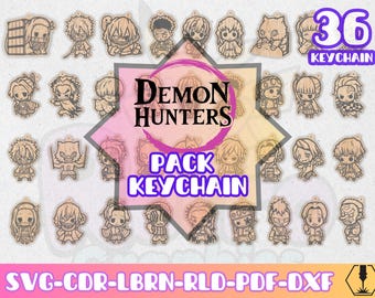 Pack Demon Hunter keychains bundle 36 designs | anime laser files for wood acrylic and mdf | svg dxf cdr lbrn rld pdf engraving cutting pack