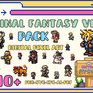May include: A digital pixel art pack featuring characters from Final Fantasy VII. The pack includes over 40 characters in a retro pixel art style. The characters are in various poses and include Cloud, Tifa, Sephiroth, and more. The pack is available in PNG, SVG, EPS, AI, and PDF formats.