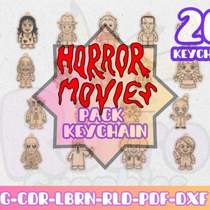 May include: A collection of 26 wooden keychains featuring characters from horror movies. The keychains are arranged around a central graphic that reads "HORROR MOVIES PACK KEYCHAIN". The image also includes the text "26 KEYCHAIN".