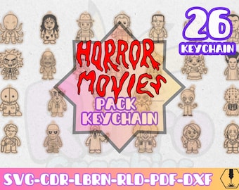 Pack 26 Classic Horror Movie Icons Keychains Bundle svg dxf pdf cdr lbrn rld | Laser Cut Files | Retro Slasher Villains Scary Faces Pack