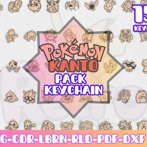 May include: Wooden keychains featuring various Pokémon characters from the Kanto region. The image includes the text "Pokémon Kanto Pack Keychain" and "151 Keychain". The keychains are light brown and are arranged around a central star-shaped design.