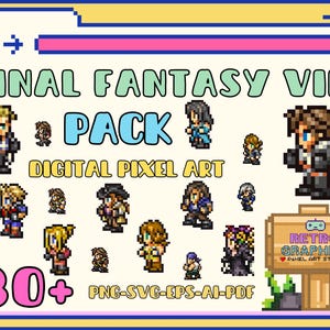 May include: A digital pixel art pack featuring characters from Final Fantasy VIII. The pack includes over 30 characters in a retro pixel art style. The characters are in various poses and expressions. The pack includes PNG, SVG, EPS, AI, and PDF files.