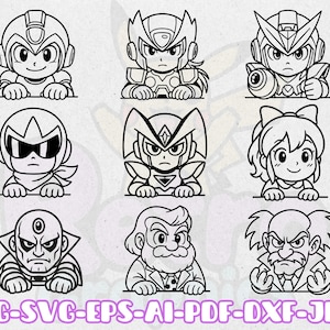 May include: A black and white illustration featuring nine cartoon characters in a grid formation. Each character has a distinct design. The image includes the text "PNG-SVG-EPS-AI-PDF-DXF-JPEG" at the bottom.