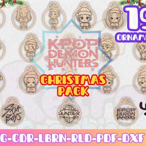 May include: A collection of 19 wooden Christmas ornaments featuring cartoon characters, text that reads "KPOP DEMON HUNTERS" and "CHRISTMAS PACK". The ornaments are in a variety of shapes and sizes, with a festive theme.