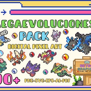 May include: A digital pixel art pack of 90+ Pokemon Mega Evolutions. The image features a variety of Pokemon, including Charizard, Blastoise, Venusaur, and more. The pack includes PNG, SVG, EPS, AI, and PDF files.