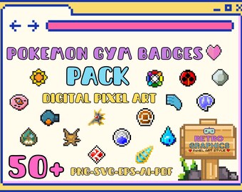 Pokemon Gym Badges Pack Digital Pixel art, clipart +50 drawings PNG/SVG/EPS/AI/PDF