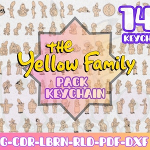 Może przedstawiać: Obraz 141 breloków z postaciami z "The Yellow Family". Tekst "The Yellow Family Pack Keychain" jest wyświetlany w kolorze żółtym i fioletowym, z opcjami typu pliku na dole.