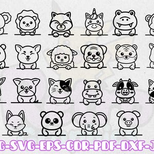 Puede incluir: Ilustraciones de dibujos animados de animales en blanco y negro, incluyendo un koala, un león, un zorro, un unicornio, una rana, un mono, un oso, un perro, una oveja, un tigre, un rinoceronte, un conejo, un gato, un hipopótamo, una vaca, una cebra, un zorro, un panda, un elefante y un cerdo. El texto "PNG-SVG-EPS-CDR-PDF-DXF-JPG" también está incluido.