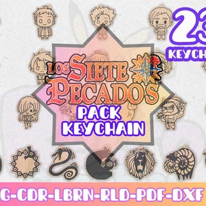Puede incluir: Una colección de 23 llaveros de madera con personajes y símbolos de "Los Siete Pecados". Los llaveros tienen varias formas y tamaños, con un color marrón claro. La imagen también incluye el texto "Los Siete Pecados Pack Keychain".