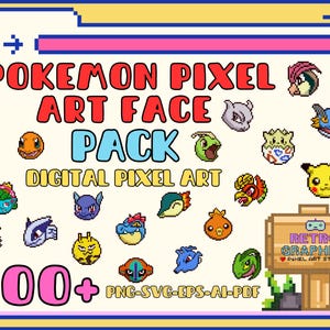 Puede incluir: Un paquete de arte digital con más de 400 caras de personajes de Pokémon en pixel art. La imagen muestra una variedad de caras de Pokémon en un estilo pixelado, incluyendo Pikachu, Charmander, Bulbasaur, Squirtle y muchos más. El texto "Pokemon Pixel Art Face Pack" se muestra en letras grandes y en negrita en la parte superior de la imagen. El texto "400+ PNG-SVG-EPS-AI-PDF" se muestra en la parte inferior de la imagen.