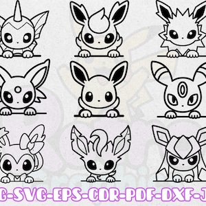 Puede incluir: Ilustraciones en blanco y negro de nueve criaturas de dibujos animados diferentes, cada una con ojos grandes y diseños únicos de orejas y cabeza. Las criaturas están dispuestas en tres filas de tres. El texto "PNG-SVG-EPS-CDR-PDF-DXF-JPG" está en la parte inferior.