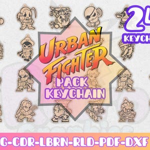 以下が含まれることがあります： 24個の木製アーバンファイターキーホルダーのコレクション。キーホルダーは、さまざまな漫画のキャラクターをアクションポーズで表現しています。画像には「Urban Fighter Pack Keychain」と「24 Keychain」というテキストが含まれています。画像の下部には「SVG-CDR-LBRN-RLD-PDF-DXF」が表示されています。
