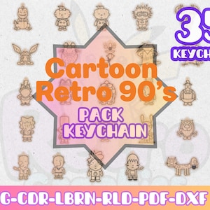 May include: A collection of 35 wooden cartoon keychains featuring retro 90's cartoon characters. The image includes the text "Cartoon Retro 90's PACK KEYCHAIN" in orange and purple. The keychains are in various shapes and sizes.