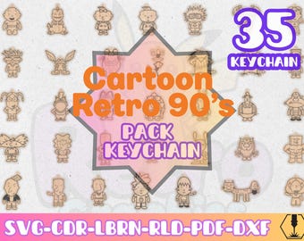 Pack 35 Retro Cartoons Style Keychains Bundle svg dxf pdf cdr lbrn rld | Laser Cut Files | Classic 90s Cartoon Characters Pack keychain