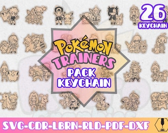 26 Trainer & Pokemon Keychains Pack | Anime Manga Keychain | Laser Cut Svg Dxf Cdr Lbrn Rld Pdf | Wood Acrylic Engraving Vector Files
