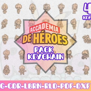 Könnte beinhalten: Eine Sammlung von 43 Holz-Schlüsselanhängern mit Anime-Charakteren. Die Schlüsselanhänger umgeben eine zentrale Grafik mit dem Text "ACCADEMIA DE HEROES PACK KEYCHAIN". Am unteren Rand des Bildes steht "SVG-CDR-LBRN-RLD-PDF-DXF".