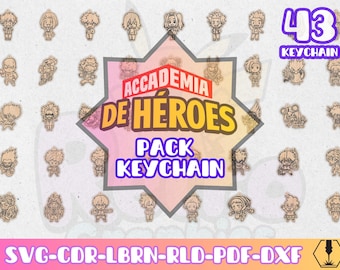 43 Hero Academy Keychains Pack | Anime Students Superpowers | Laser Cut Svg Dxf Cdr Lbrn Rld Pdf | Wood Acrylic Engraving Files Set Keychain