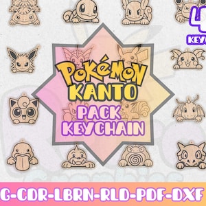 Puede incluir: Llaveros de madera con varios personajes Pokémon de la región de Kanto. La imagen incluye un gráfico central con el texto "Pokémon Kanto Pack Keychain" y el número "45". Los llaveros están cortados con láser.