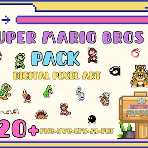 Puede incluir: Una ilustración digital de un paquete de arte de píxeles de Super Mario Bros. 3. La imagen presenta una variedad de personajes del juego, incluidos Mario, Luigi, Bowser y Goombas. El texto "SUPER MARIO BROS 3 PACK DIGITAL PIXEL ART" se muestra en una pancarta colorida en la parte superior de la imagen. El texto "120+ PNG-SVG-EPS-AI-PDF" se muestra en la parte inferior de la imagen.