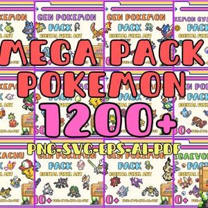 Könnte beinhalten: Ein digitaler Download von über 1200 Pixel-Art-Bildern von Pokémon-Charakteren. Die Bilder sind in den Formaten PNG, SVG, EPS, AI und PDF verfügbar. Die Bilder eignen sich perfekt für die Verwendung in Kunsthandwerk, Websites und sozialen Medien.
