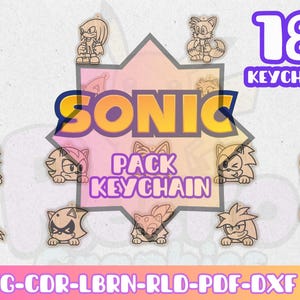 Puede incluir: Un conjunto de 18 llaveros de madera con personajes de Sonic the Hedgehog. Los llaveros muestran varios personajes, con las palabras "SONIC" y "PACK KEYCHAIN" en el centro. La imagen también incluye el texto "18 KEYCHAIN" y "SVG-CDR-LBRN-RLD-PDF-DXF".
