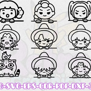 May include: Black and white line art illustrations of cartoon characters, each with unique hairstyles and expressions. The characters are peeking over a horizontal line. The image also includes the text "PNG-SVG-EPS-CDR-PDF-DXF-JPG".