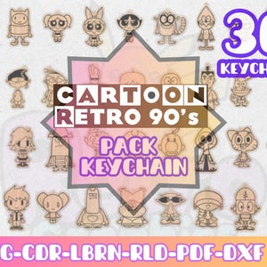 May include: A collection of 36 wooden cartoon character keychains. The keychains feature characters from 90's cartoons. The text "CARTOON RETRO 90'S PACK KEYCHAIN" is displayed in the center. The bottom of the image displays "SVG-CDR-LBRN-RLD-PDF-DXF".