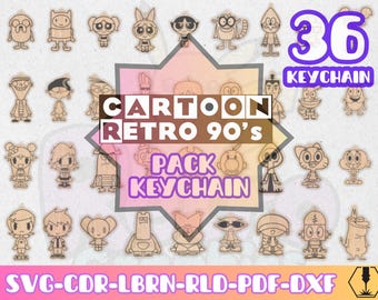 90s Retro Cartoon Keychains Bundle svg dxf pdf cdr lbrn rld | Laser Cut Files | Classic Animated Characters Nostalgia Pack CNC keychain