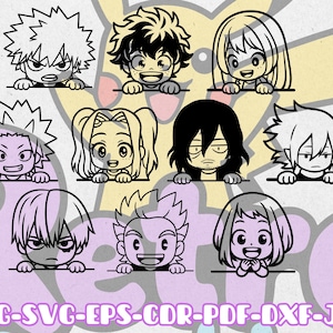 May include: Black and white line art of ten anime characters with various hairstyles and expressions. Each character is peeking over a horizontal line. The bottom of the image includes the text "PNG-SVG-EPS-CDR-PDF-DXF-JPG".