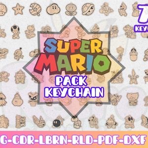 May include: A collection of 71 wooden Super Mario character keychains. The image features various characters and icons from the Super Mario franchise, including Mario, Luigi, and other recognizable elements. The text "SUPER MARIO PACK KEYCHAIN" is displayed prominently.