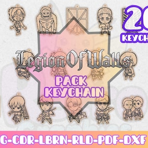 May include: A collection of 20 wooden keychains featuring various characters from "Legion of Walls". The keychains are laser-cut with detailed character designs. The text "Legion of Walls" and "Pack Keychain" are displayed on a star-shaped background.