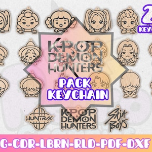 May include: Wooden keychains featuring cartoon-style character designs. The keychains are light brown with black outlines. The image includes the text "KPOP DEMON HUNTERS PACK KEYCHAIN" and "21 KEYCHAIN".