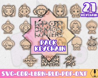 Pack K-Pop Demon girls Warriors 21 Keychains | Laser Cut Svg Dxf Cdr Lbrn Rld Pdf Files | Acrylic Wood Mdf Keychain Engraving Patterns