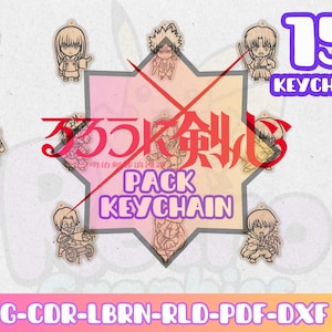 May include: A set of 15 wooden keychains with anime character designs. The keychains are laser-cut with intricate details. The image includes the text "PACK KEYCHAIN" and "15 KEYCHAIN". The bottom of the image displays "SVG-CDR-LBRN-RLD-PDF-DXF".