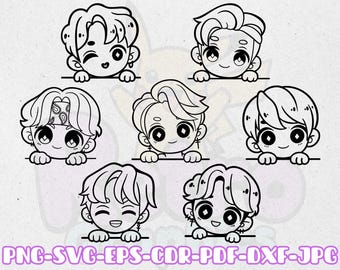 Kawaii Members 7 Peekers | Pack de personnages inspirés des idoles Kpop | Fichiers de découpe pour gravure laser Cricut et Silhouette (SVG, PNG, DXF, EPS, CDR)