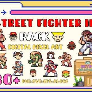 Pode incluir: Um pacote de arte de pixel digital com personagens de Street Fighter II. O pacote inclui mais de 30 personagens em uma variedade de poses e expressões. Os personagens são renderizados em um estilo retro de arte de pixel. O pacote inclui arquivos nos formatos PNG, SVG, EPS, AI e PDF.