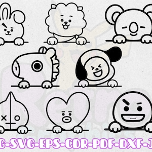 Könnte beinhalten: Schwarz-Weiß-Illustrationen von Cartoon-Charakteren. Das Bild zeigt acht verschiedene Charaktere, jeder mit einem einzigartigen Design, darunter ein Kaninchen, ein Löwe, ein Koala und ein Pferd. Die Charaktere halten eine horizontale Linie. Der untere Teil des Bildes enthält den Text: PNG-SVG-EPS-CDR-PDF-DXF-JPG.