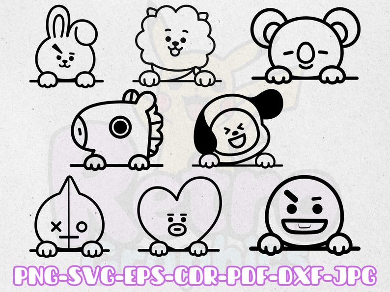 Puede incluir: Ilustraciones en blanco y negro de personajes de dibujos animados. La imagen presenta ocho personajes diferentes, cada uno con un dise&ntilde;o &uacute;nico, incluyendo un conejo, un le&oacute;n, un koala y un caballo. Los personajes sostienen una l&iacute;nea horizontal. La parte inferior de la imagen incluye el texto: PNG-SVG-EPS-CDR-PDF-DXF-JPG.
