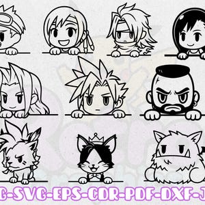 Può includere: Illustrazioni di personaggi dei cartoni animati in bianco e nero, ognuno con acconciature ed espressioni uniche, che sbucano da una linea orizzontale. L'immagine include il testo "PNG-SVG-EPS-CDR-PDF-DXF-JPG" in viola.