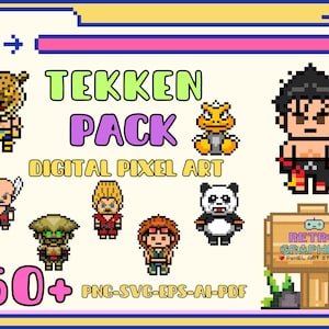 Puede incluir: Un paquete de arte de píxeles digitales con personajes de la serie de videojuegos Tekken. El paquete incluye más de 60 personajes en formatos PNG, SVG, EPS, AI y PDF. Los personajes están en un estilo retro de píxeles.