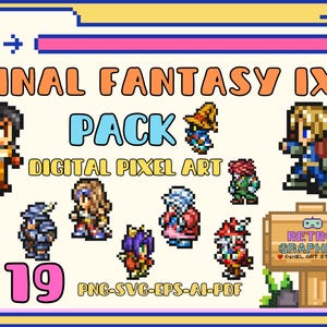 Puede incluir: Un paquete de arte de píxeles digitales con 19 personajes de Final Fantasy IX. Los personajes están en una variedad de poses y expresiones, y están renderizados en un estilo retro de arte de píxeles. El paquete incluye archivos PNG, SVG, EPS, AI y PDF.