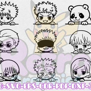 Puede incluir: Dibujo lineal en blanco y negro de nueve personajes de estilo anime, cada uno con peinados y expresiones únicas, asomándose por encima de una línea horizontal. Los personajes incluyen un panda y varias figuras humanas. El texto en la parte inferior dice "PNG-SVG-EPS-CDR-PDF-DXF-JPG".