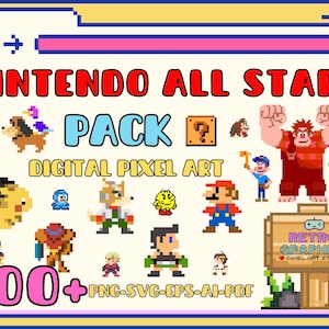Op de afbeelding: Een digitale illustratie van een pakket met meer dan 100 pixel art-karakters uit Nintendo-videogames. De karakters zijn in verschillende poses en uitdrukkingen, en ze zijn allemaal in een gepixelde stijl. De tekst "NINTENDO ALL STARS PACK DIGITAL PIXEL ART 100+ PNG-SVG-EPS-AI-PDF" staat onderaan de afbeelding.